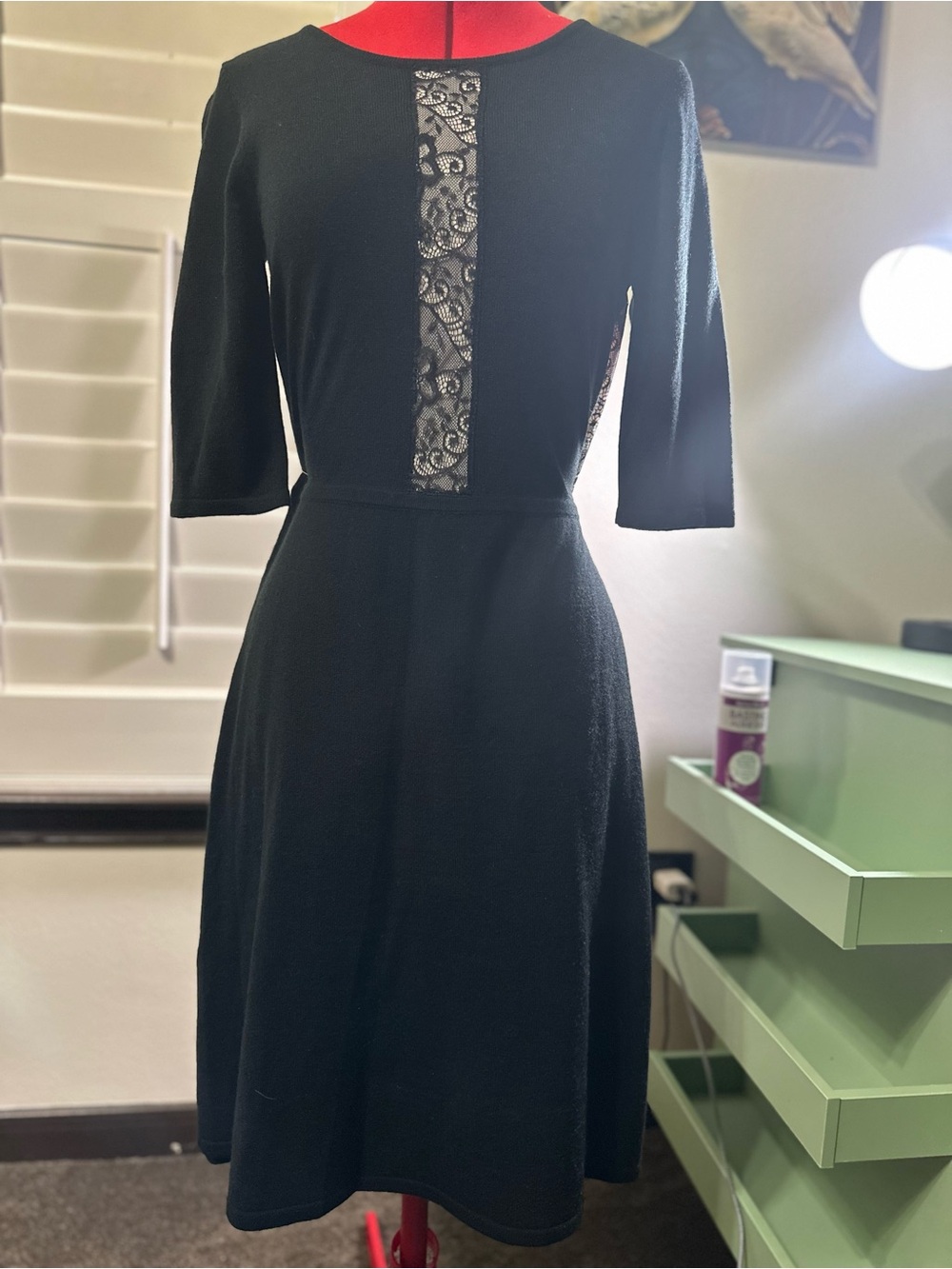 Betsey Johnson Black Long Sleeve Fit-and-Flare Dress with Lace Back Panel